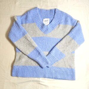 Aerie Women’s Small Striped Sweater Blue Gray V-Neck Long Sleeve Cozy Knit